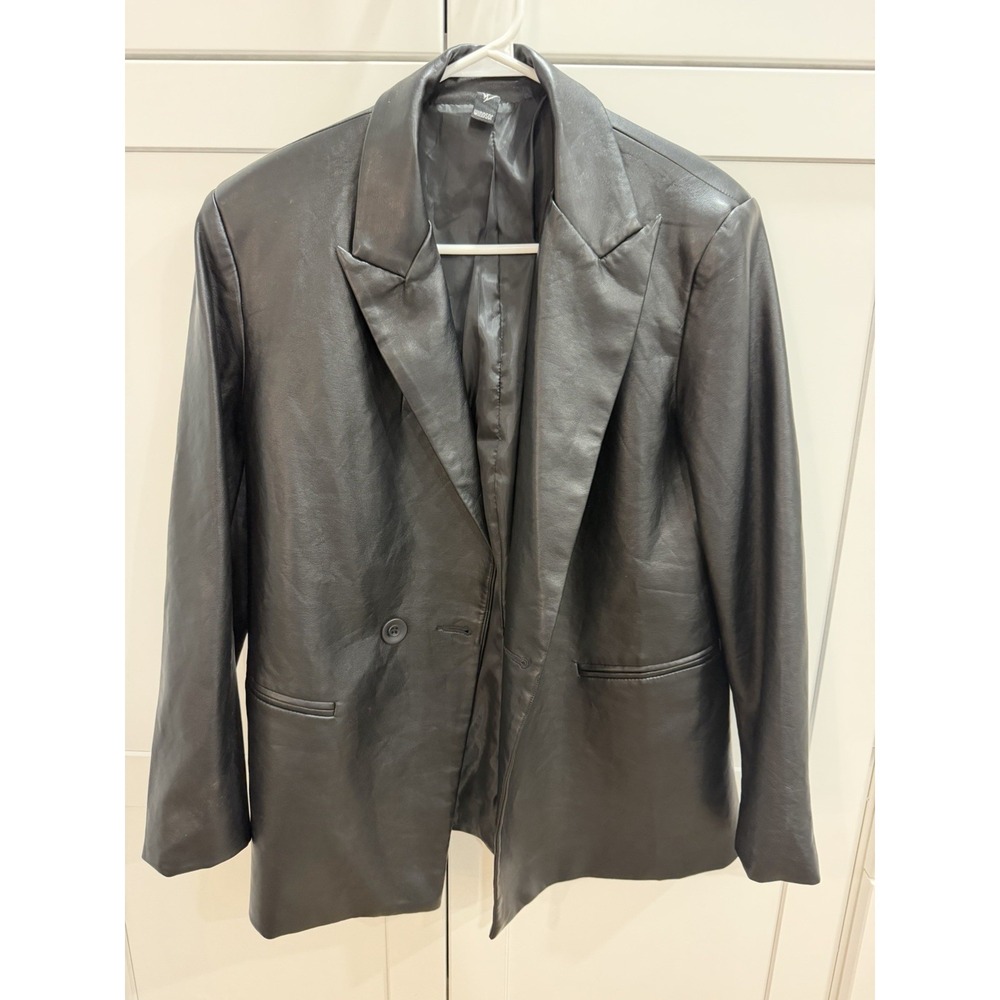 Windsor Womens XS Black Faux Leather Blazer Oversized Double Breasted Longline